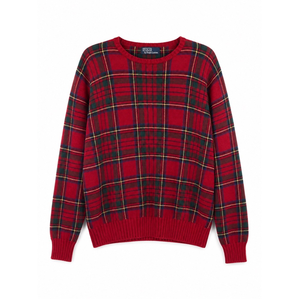 Polo Ralph Lauren Mens XL Red Tartan Plaid Cotton Knit Crewneck Pullover Sweater